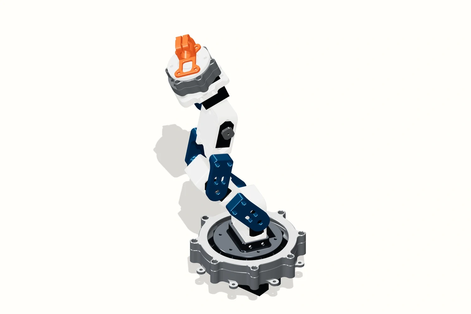 Isometric CAD assembly snapshot of the 5 degree of freedom 3D printable robotic arm in an articulated reach pose